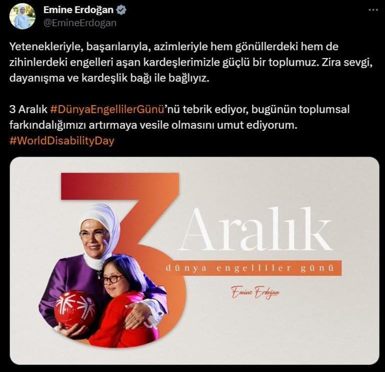 Emine Erdoğandan Dünya Engelliler Günü paylaşımı