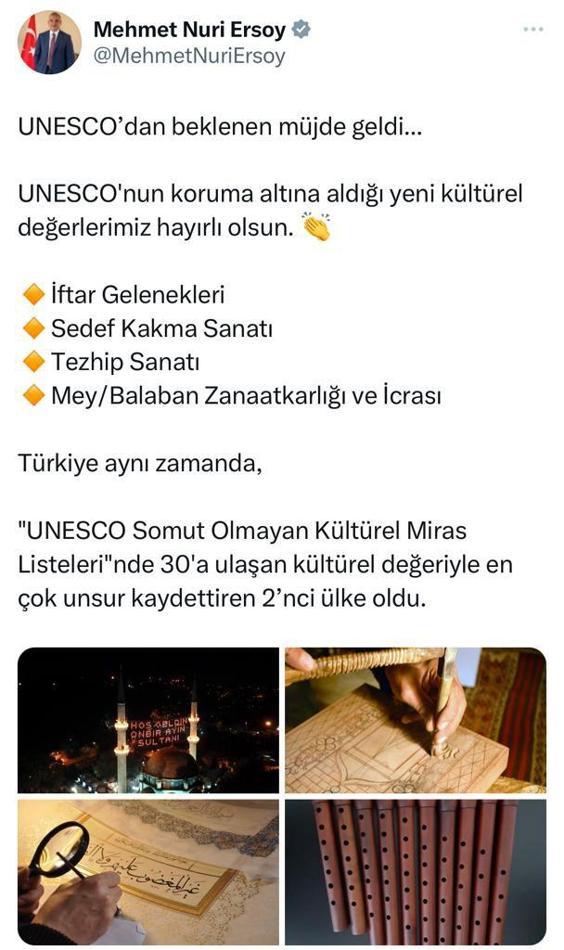 Bakan Ersoy açıkladı 4 kültürel miras daha UNESCO listesinde