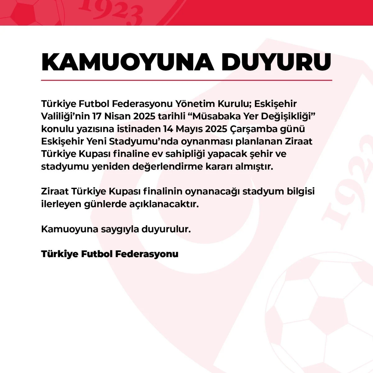 TFF, Kupa Finali Kararını Yeniden Gözden Geçirecek