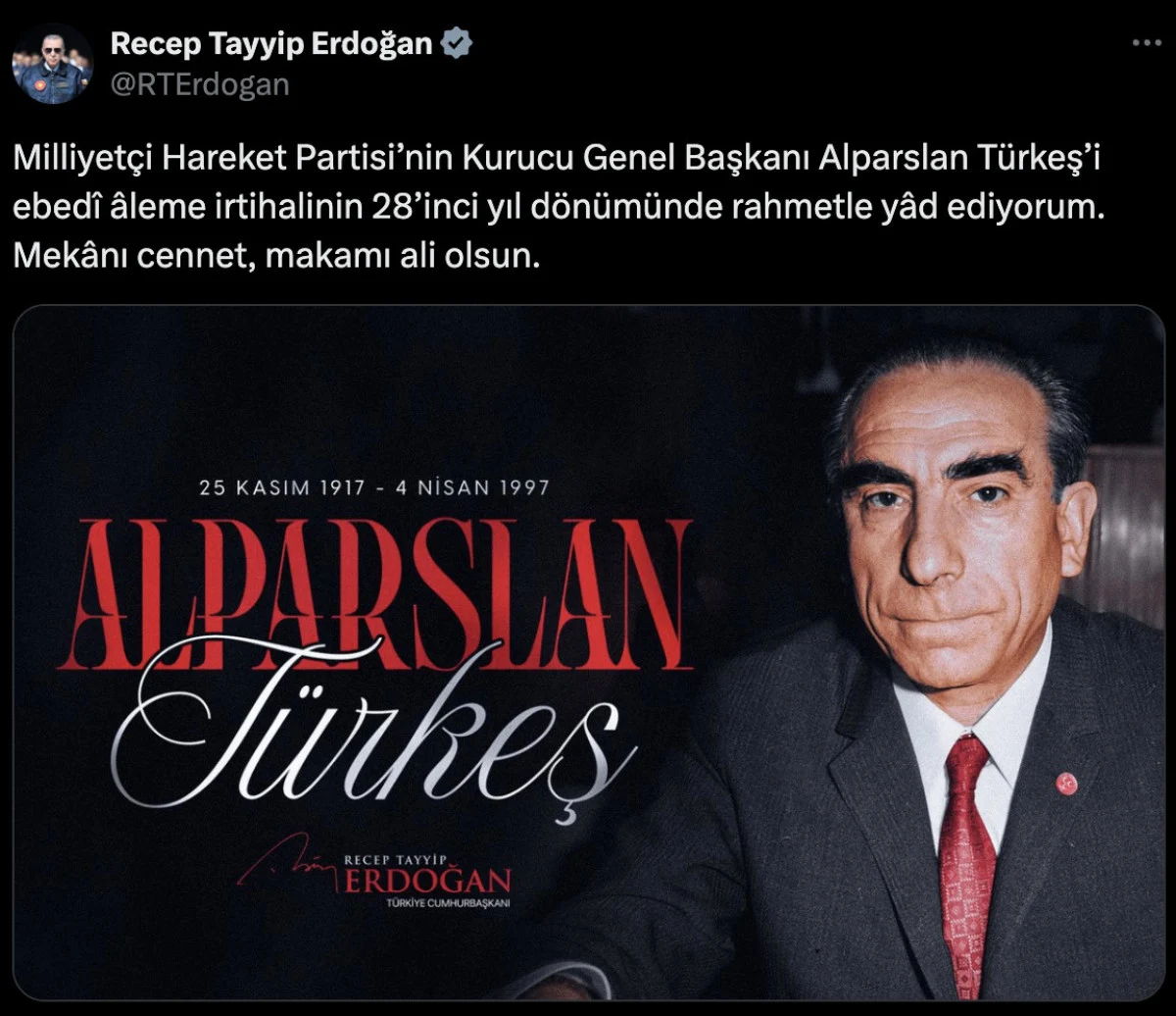 Erdoğan'dan Alparslan Türkeş için anma mesajı