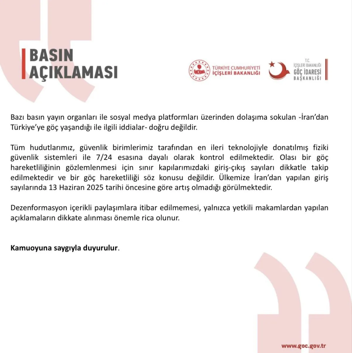 Göç İdaresi'nden İran'dan Göç İddiasına Yalanlama
